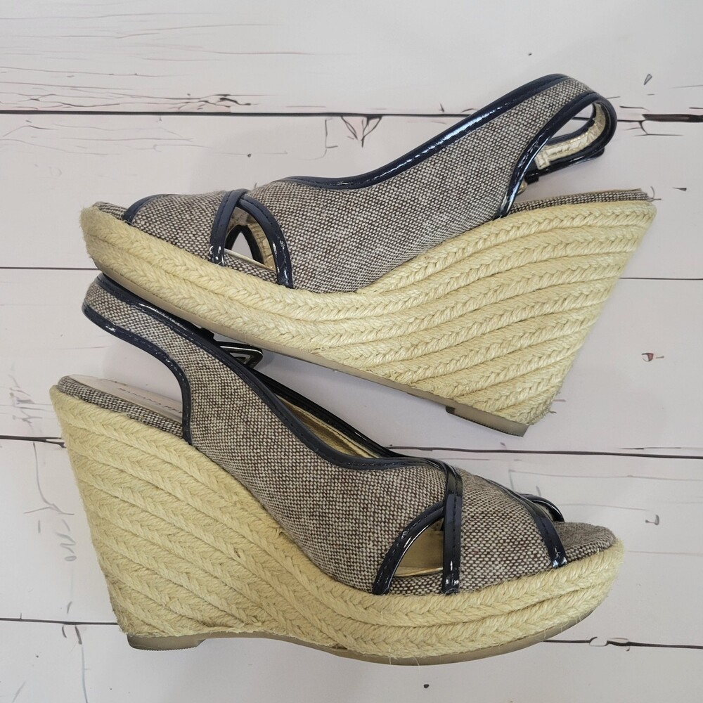 Banana Republic navy blue jute sling back peep toe wedge heels size 7 - Picture 5 of 8